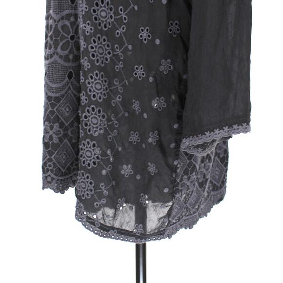 Johnny Was Black Floral Embroidered Eyelet Long Sleeve Mini Dress M Sheer Tunic - Picture 4 of 7